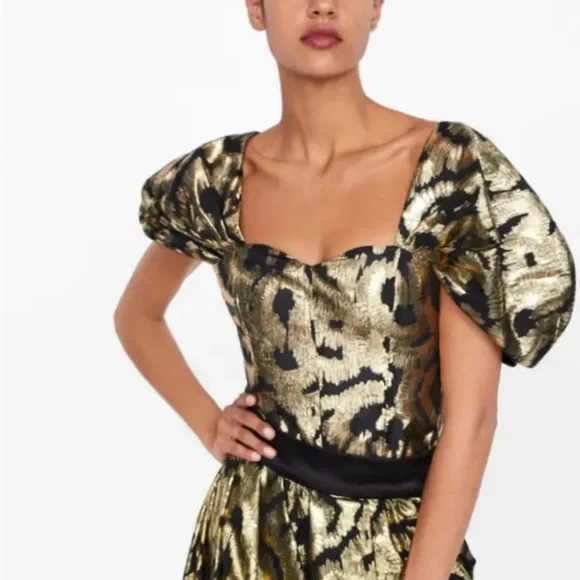 NWT Zara Metallic Gold Black Crop Top Size Medium - Picture 5 of 11